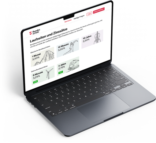 Ein moderner MacBook Laptop auf dessen Bildschirm die neue Bundesschatz-Webseite dargestellt ist.