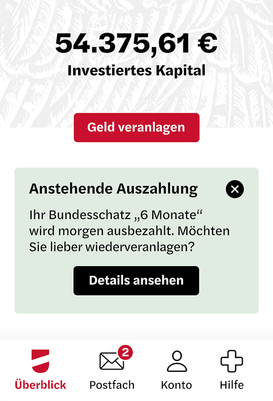 A screenshot of the Bundesschatz web app showing the user’s currently invested capital along with a notification about an upcoming payout.