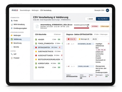 Screenshot der IFAS13-Validierungsansicht mit CSV-Importergebnis und positionsgenauen Fehlerdiagnosen.
