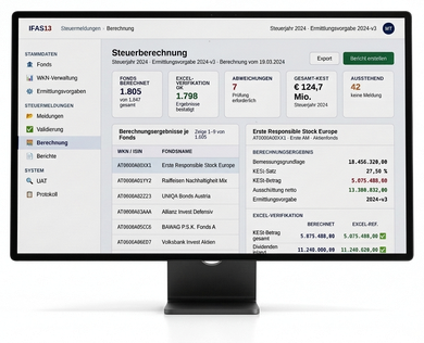 Screenshot der IFAS13-Fondsverwaltungsansicht mit einer Datentabelle zu Fondsnamen, Vermögenswerten und Meldestatus.