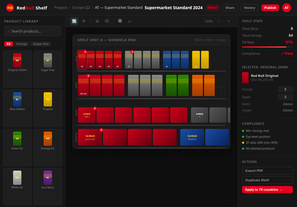 Ein Screenshot des Red-Bull-Online-Regalplaners mit einem Drag-and-Drop-Regallayout und farbcodierten Produktdosen.