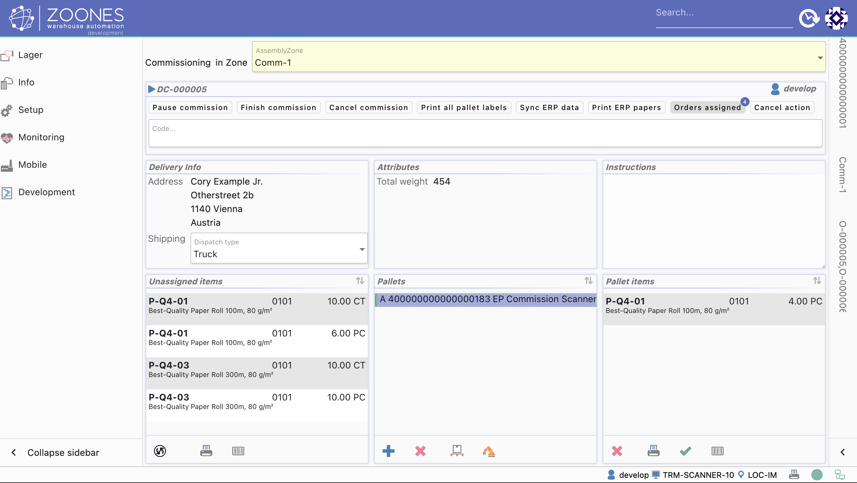 Screenshot des Zoones Warehouse Management Systems mit Kommissionierungs- und Auftragsbildschirm sowie Lieferdetails und Statusverfolgung.
